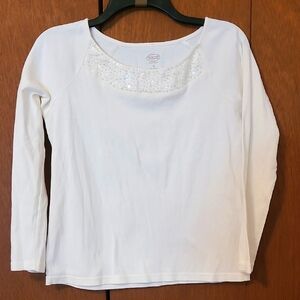 Talbots White Raglan Sleeve Top With Beaded & Sequin Neck Accent SZ M
